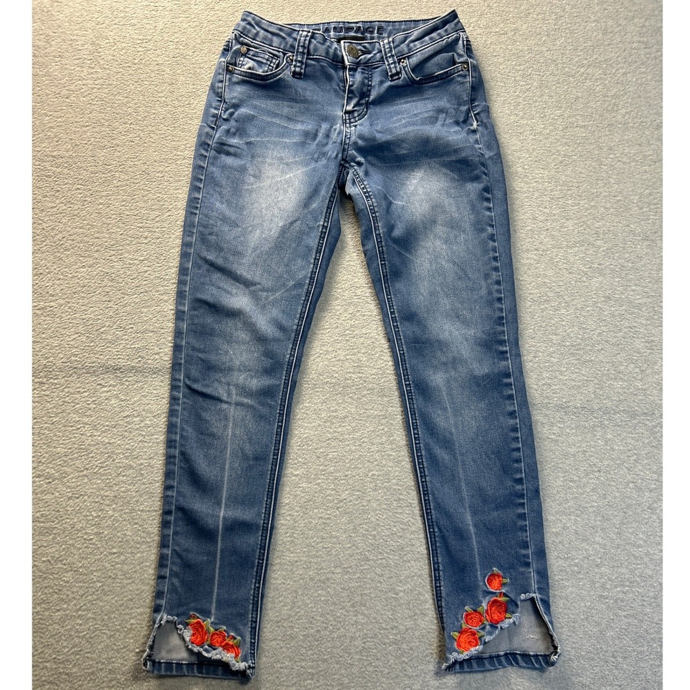 Rampage Sophie Skinny Jeans Womens Size 1 Mid Rise Floral Embroidered Frayed Hem